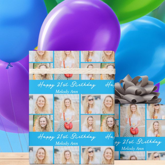 Bright Blue Happy Birthday Photo Collage Wrapping Paper (Creator Uploaded)