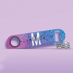 Bright Blue Magenta Sparkly Glitter Ombre Monogram