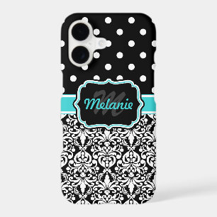Bright Blue Monogrammed Damask Polka Dots Pattern
