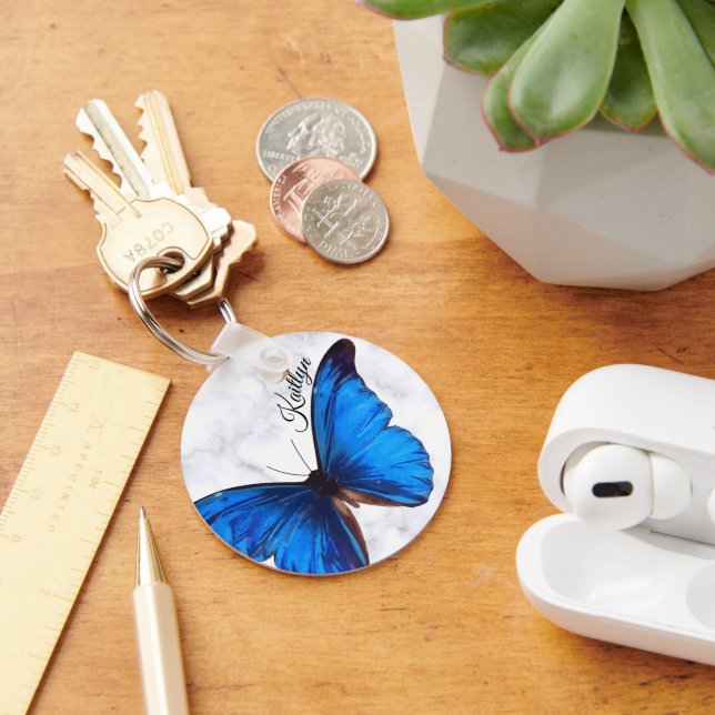 Bright Blue Morpho Butterfly Personalised Key Ring (Desk)