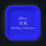 Bright Blue Name 70th Birthday Party Simple Square Paper Plate<br><div class="desc">A simple minimalist solid bright blue background decorates this unique and fun party paper plate. Although default says "70th Birthday", you can easily change the text for name, # of years, and event. Choose square or round. Matching tablecloth and paper napkins available on zazzle at SocolikCardShop. All Rights Reserved ©...</div>