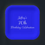 Bright Blue Name 70th Birthday Party Simple Square Paper Plate<br><div class="desc">A simple minimalist solid bright blue background decorates this unique and fun party paper plate. Although default says "70th Birthday", you can easily change the text for name, # of years, and event. Choose square or round. Matching tablecloth and paper napkins available on zazzle at SocolikCardShop. All Rights Reserved ©...</div>