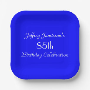 Bright Blue Name 85th Birthday Party Simple Square Paper Plate