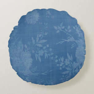 Bright Blue on Blue Floral Pattern Round Cushion