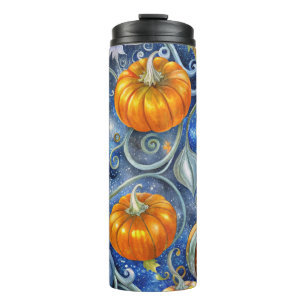 BRIGHT BLUE & ORANGE FALL AUTUMN PUMPKINS THERMAL TUMBLER