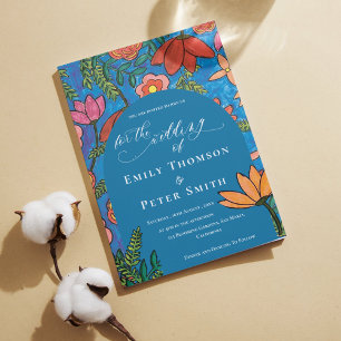 Bright Blue Orange Hand Drawn Floral Wedding Invitation