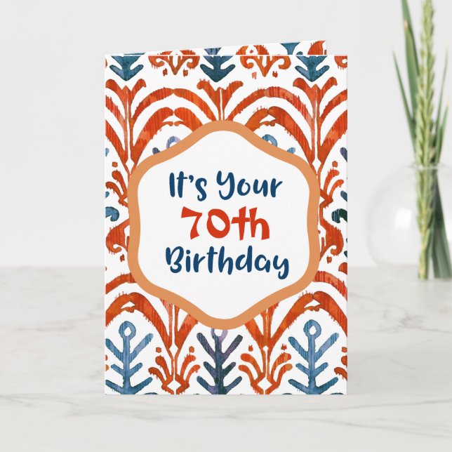 Bright Blue Orange Tribal Ikat 70th Birthday Card (Front)