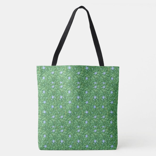 Bright Blue Periwinkle Flowers on Dark Green Tote Bag (Front)