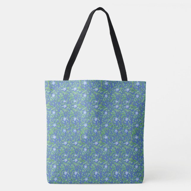 Bright Blue Periwinkle Flowers on Royal Blue Tote Bag (Front)