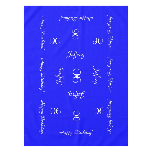 Bright Blue Personalised 90th Birthday Table Cloth (Front)
