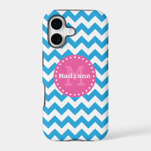 Bright Blue Pink Chevron Zigzag Monogram