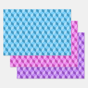 BRIGHT BLUE PINK PURPLE GEOMETRIC CUBE PATTERNS WRAPPING PAPER SHEET