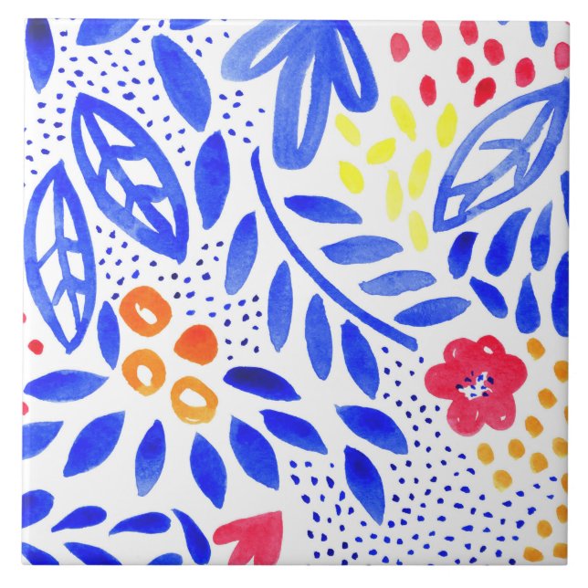 Bright Blue Pink Spring Floral Pattern Tile (Front)
