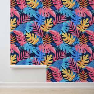 Bright Blue PinkYellow Summer Tropical Palm Leaves Wallpaper