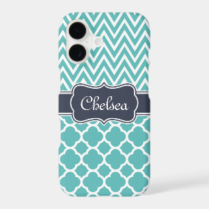 Bright Blue Quatrefoil Chevron Patterns Navy Name