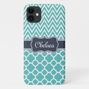 Bright Blue Quatrefoil Chevron Patterns Navy Name Case-Mate iPhone Case