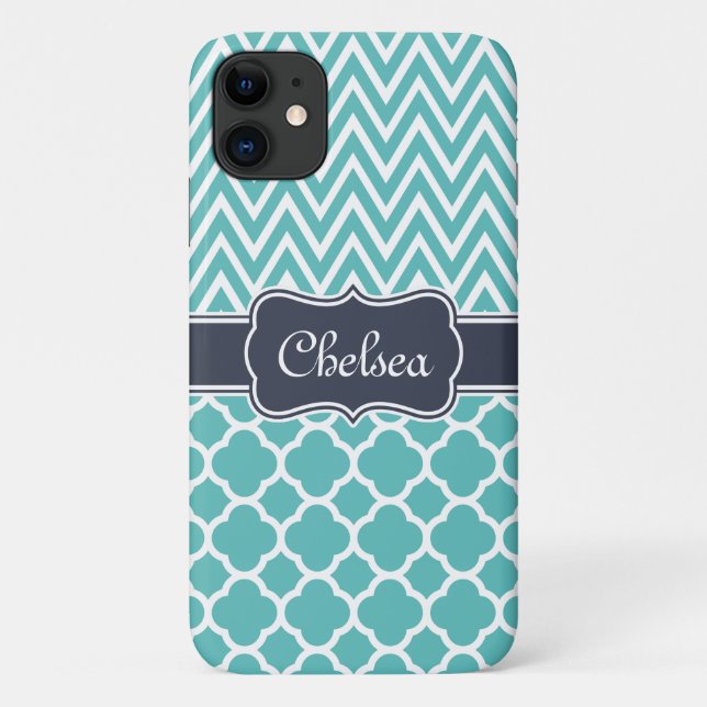 Bright Blue Quatrefoil Chevron Patterns Navy Name Case-Mate iPhone Case (Back)