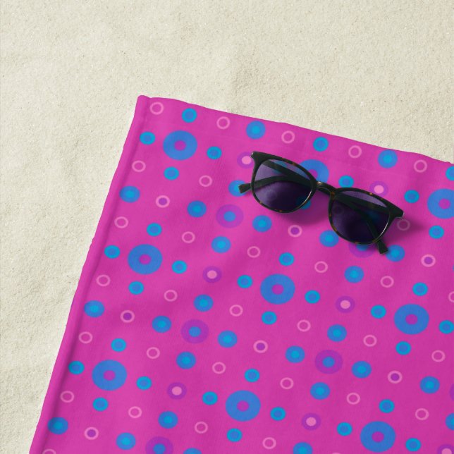 Bright Blue Quirky Polka Dots on Magenta Beach Towel (In Situ)