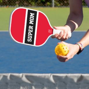 Bright Blue Red Black White Stripes SUPER MOM Text Pickleball Paddle