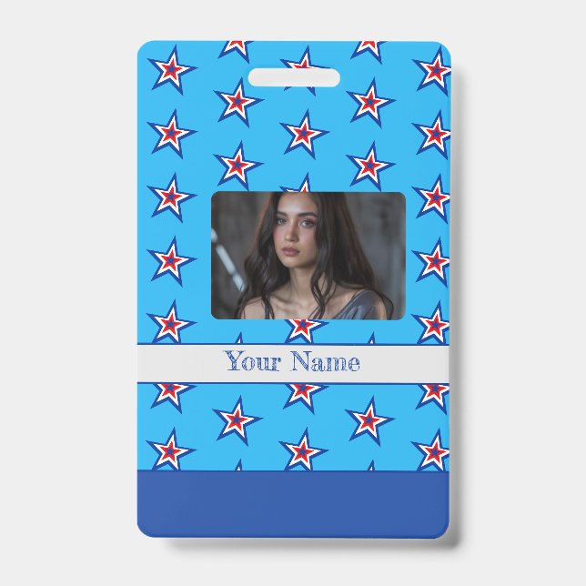 Bright Blue Red & White Star Pattern  Badge ID Badge (Front)