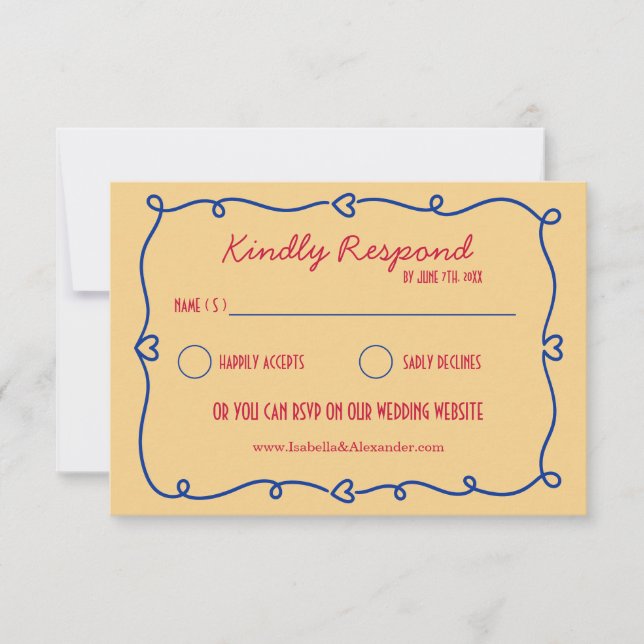 Bright Blue Retro Colourful Wedding RSVP Card (Front)