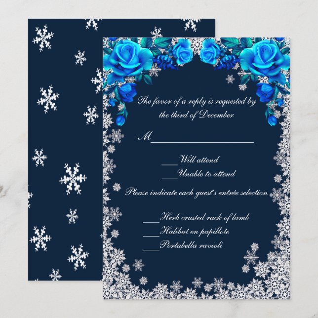 Bright Blue Rose Snowflake Christmas Response Card (Front/Back)