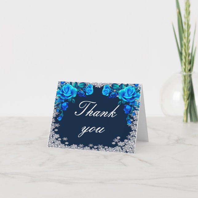 Bright Blue Rose Snowflake Christmas  Thank You Card (Front)