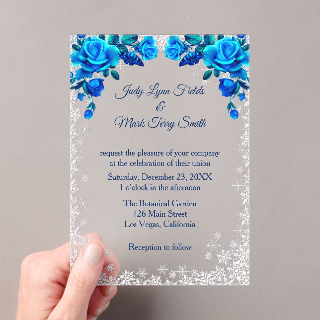 Bright Blue Roses Snowflake Christmas Acrylic Invitations (Insitu (Handheld))