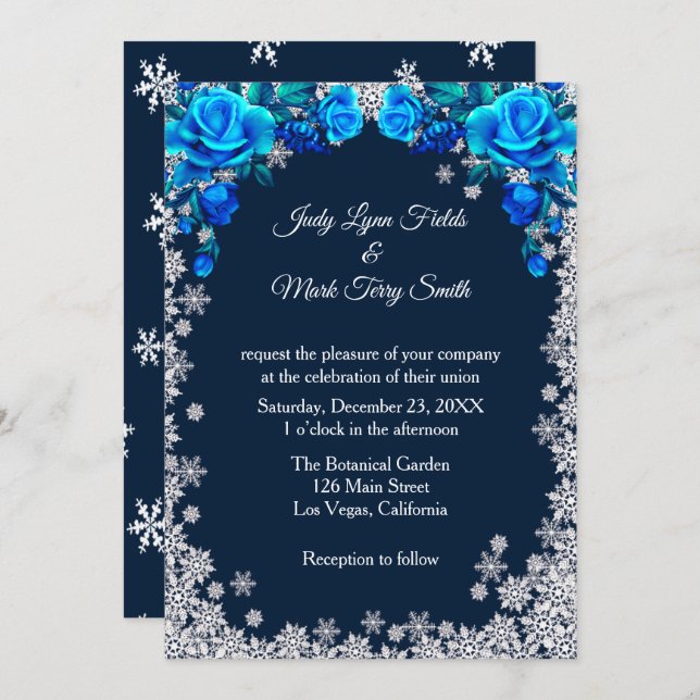 Bright Blue Roses Snowflake Christmas Invitation (Front/Back)