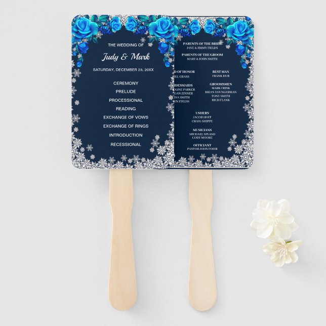 Bright Blue Roses Snowflake Christmas Program Hand Fan (Front and Back)