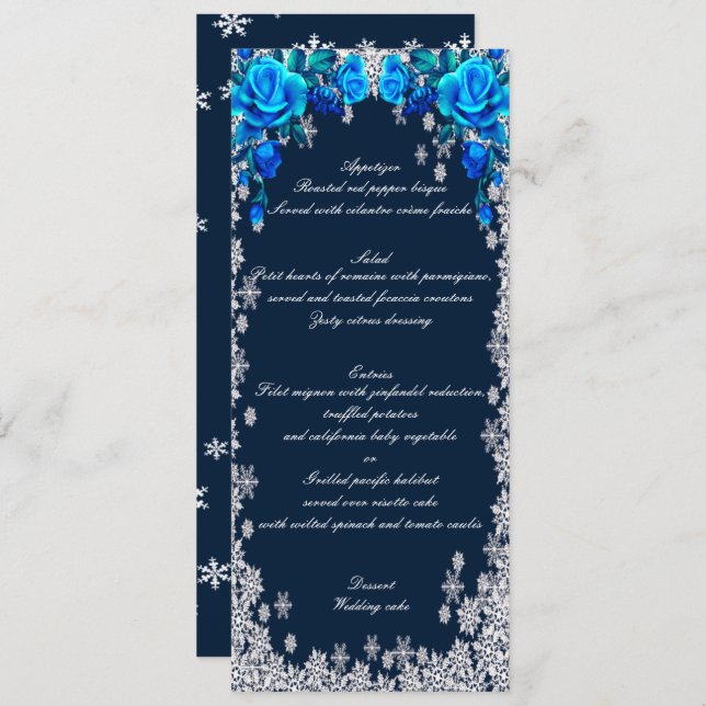 Bright Blue Roses Snowflake Christmas Wedding Menu (Front/Back)
