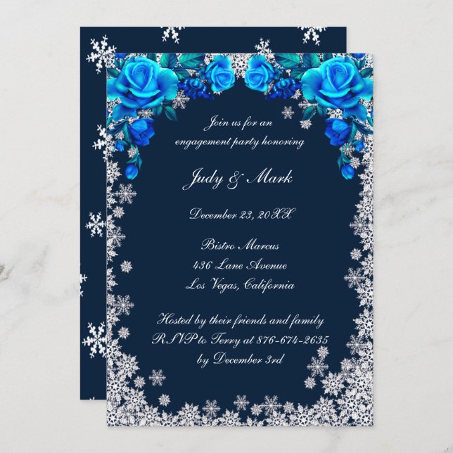 Bright Blue Roses Snowflake Engagement Party Invitation (Front/Back)