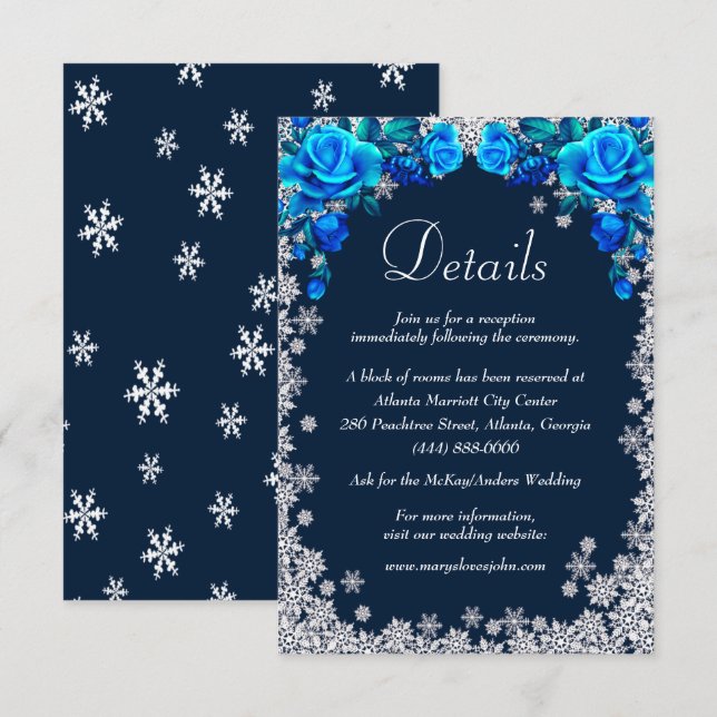 Bright Blue Roses Snowflake Wedding Details Enclosure Card (Front/Back)