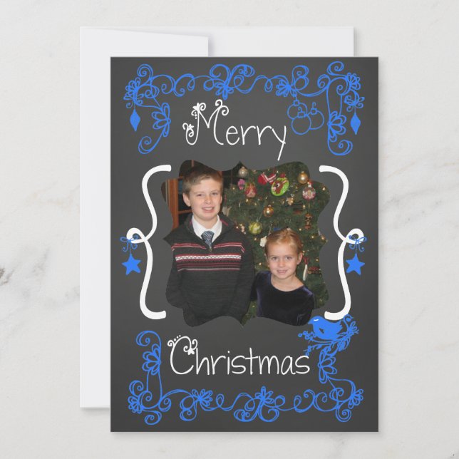 Bright Blue Scrolls Customised Photo Holiday Card (Front)