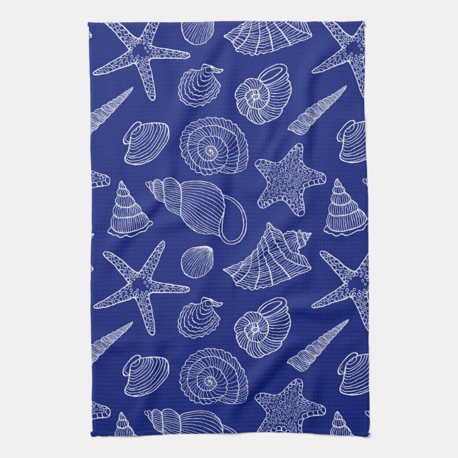Bright Blue Shell Pattern Tea Towel (Vertical)