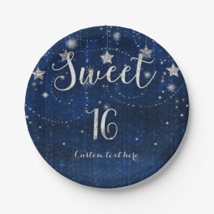 Bright Blue & Silver Starry Sweet 16 Party Paper Plate
