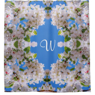 Bright Blue Skies, White Apple Blossoms Monogram Shower Curtain