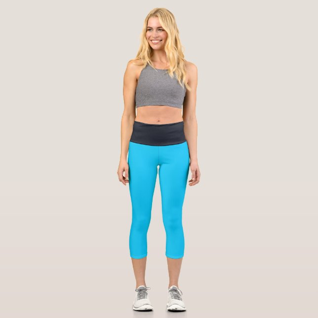 Bright Blue Sky Black High Waisted Yoga Capris (Front)