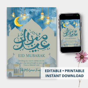 Bright Blue Sky & Gold Crescent Eid Mubarak Card