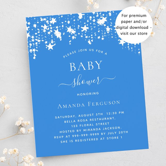 Bright blue star boy baby shower budget invitation flyer (Creator Uploaded)