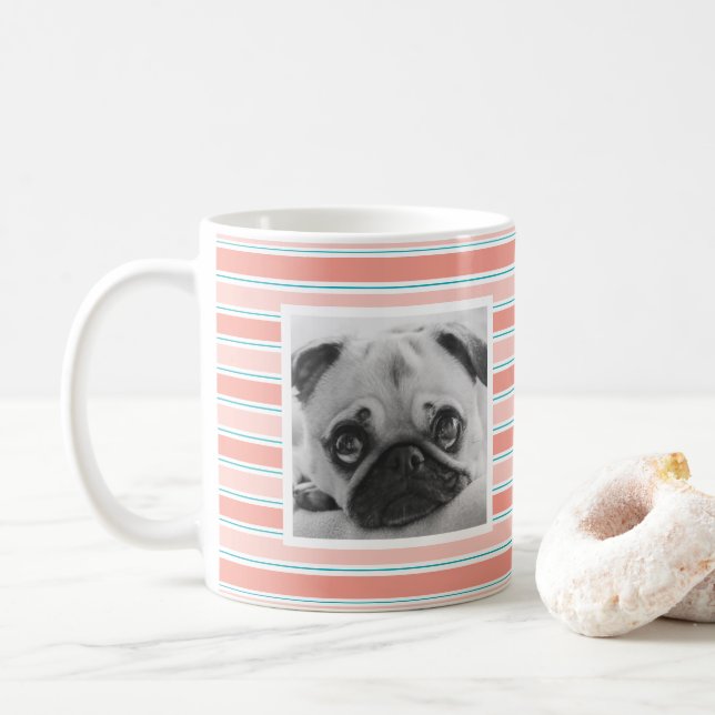 Bright Blue Striped Pattern Custom Photo Mug (With Donut)