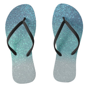 Bright Blue Teal Sparkly Glitter Ombre Gradient Jandals