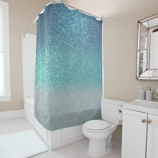 Bright Blue Teal Sparkly Glitter Ombre Gradient Shower Curtain (In Situ)