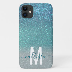 Bright Blue Teal Sparkly Glitter Ombre Monogram Case-Mate iPhone Case
