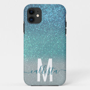 Bright Blue Teal Sparkly Glitter Ombre Monogram Case-Mate iPhone Case