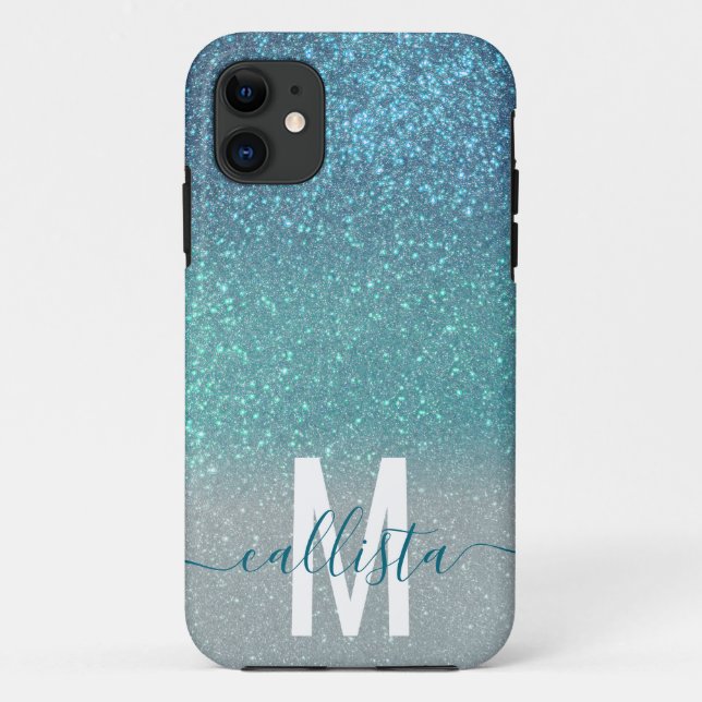 Bright Blue Teal Sparkly Glitter Ombre Monogram Case-Mate iPhone Case (Back)