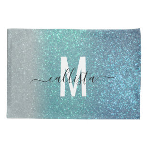 Bright Blue Teal Sparkly Glitter Ombre Monogram Pillowcase