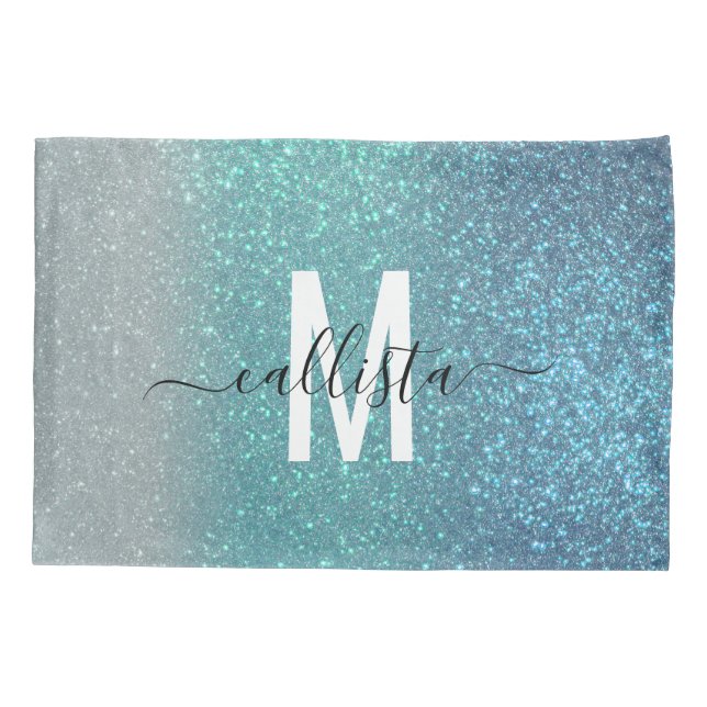 Bright Blue Teal Sparkly Glitter Ombre Monogram Pillowcase (Back)
