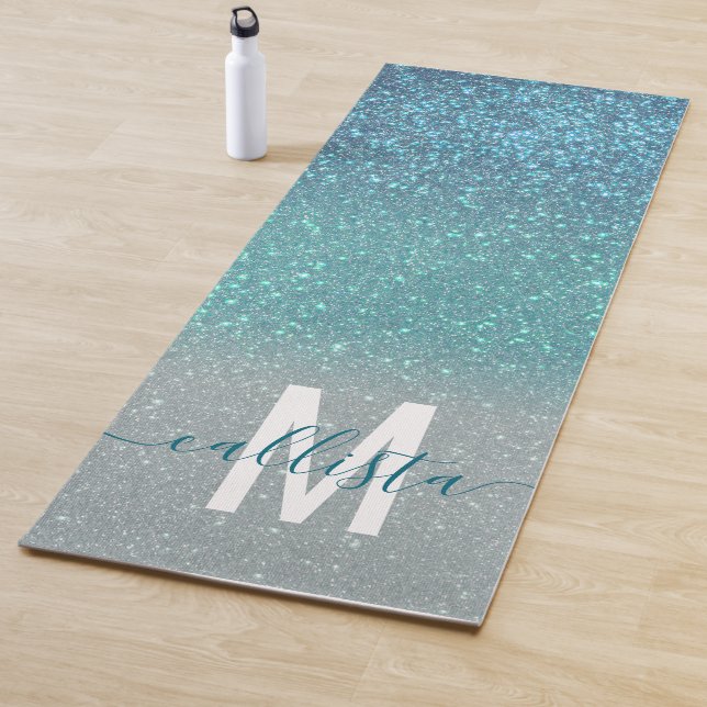 Bright Blue Teal Sparkly Glitter Ombre Monogram Yoga Mat (In Situ)