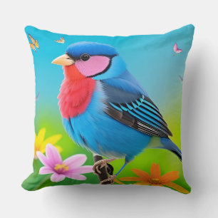 🌺 Bright Blue Tit Floral Design Gift For Her 🐦 Cushion
